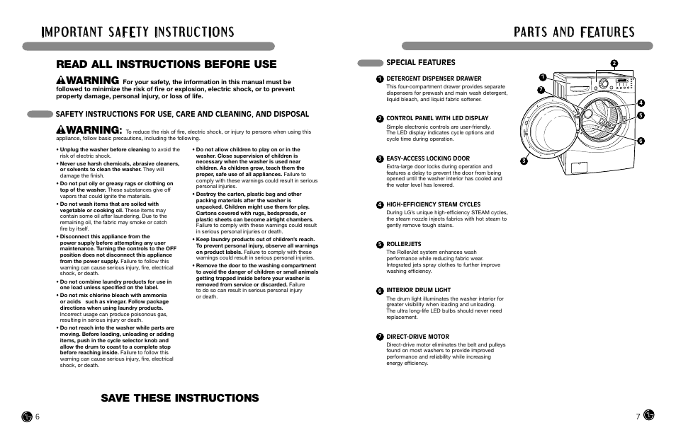 Wwarning, Special features | LG WM2487H*MA User Manual | Page 4 / 37