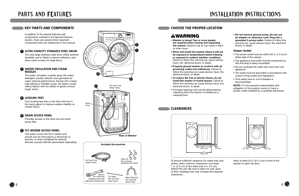 Wwarning, Choose the proper location clearances, Key parts and components | LG WM2487H*MA User Manual | Page 5 / 37