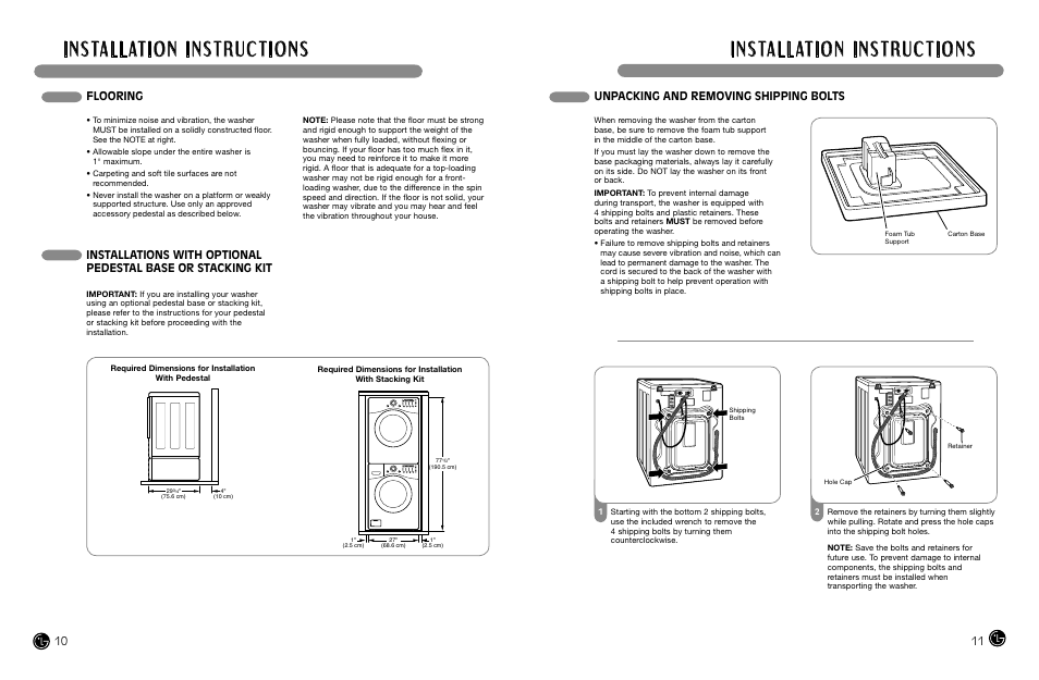 Flooring, Unpacking and removing shipping bolts 10 11 | LG WM2487H*MA User Manual | Page 6 / 37