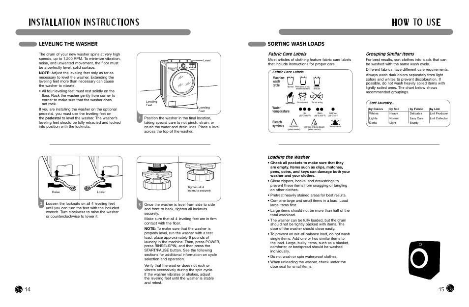 H o w to u s e, Sorting wash loads, Leveling the washer | LG WM2487H*MA User Manual | Page 8 / 37