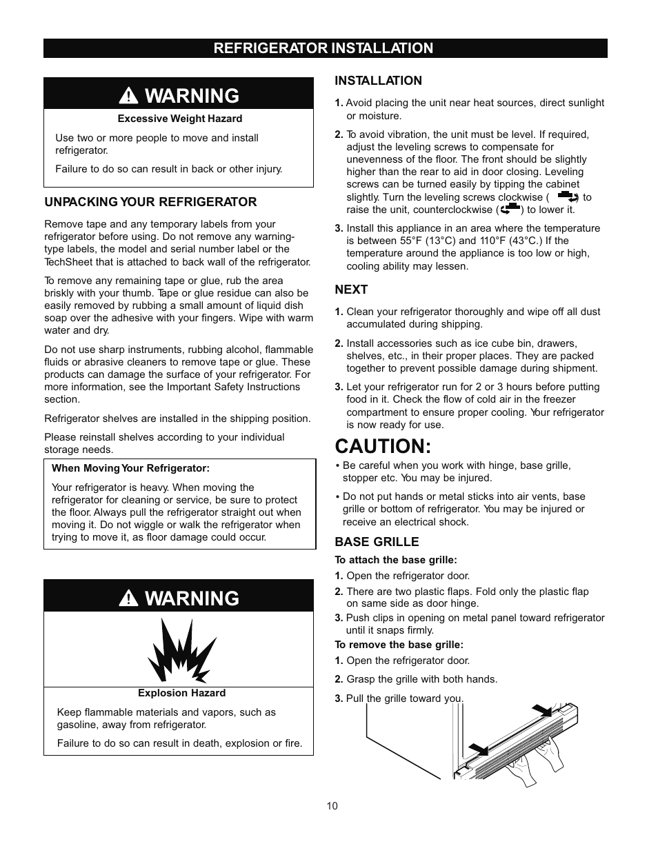 Caution, Warning, Refrigerator installation | LG LRT 1933 User Manual | Page 10 / 33