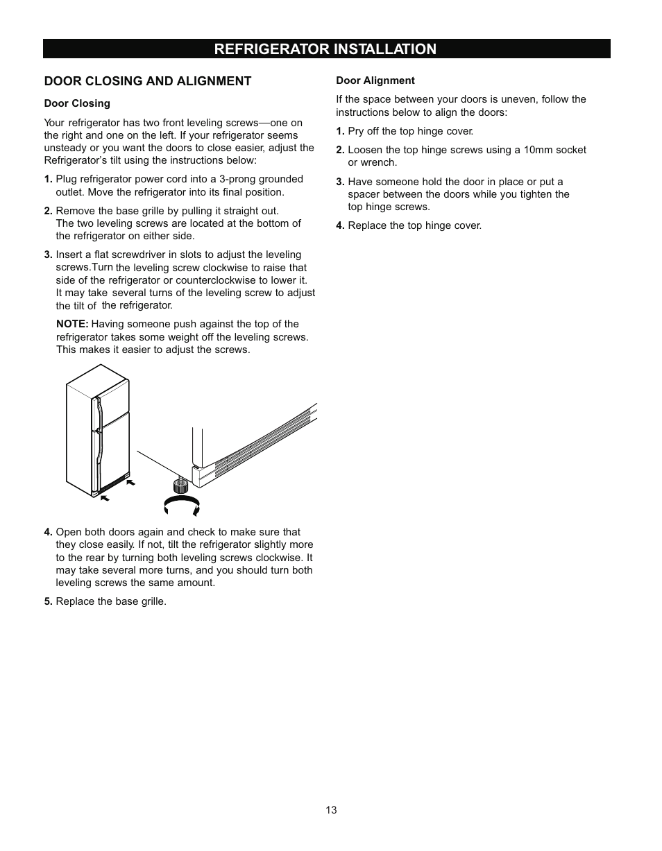 Refrigerator installation | LG LRT 1933 User Manual | Page 13 / 33