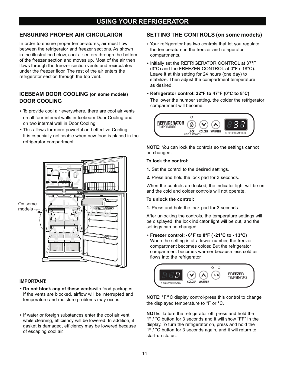 Using your refrigerator, Ensuring proper air circulation, Icebeam door cooling | Door cooling, Setting the controls (on some models) | LG LRT 1933 User Manual | Page 14 / 33