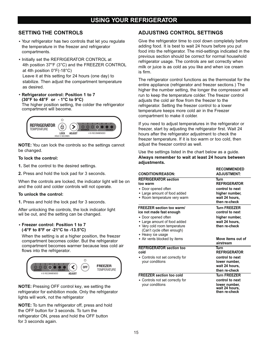 Using your refrigerator, Adjusting control settings, Setting the controls | LG LRT 1933 User Manual | Page 15 / 33