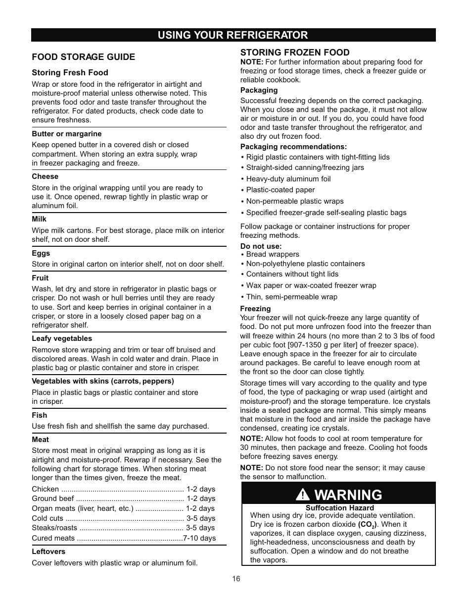 Warning, Using your refrigerator | LG LRT 1933 User Manual | Page 16 / 33