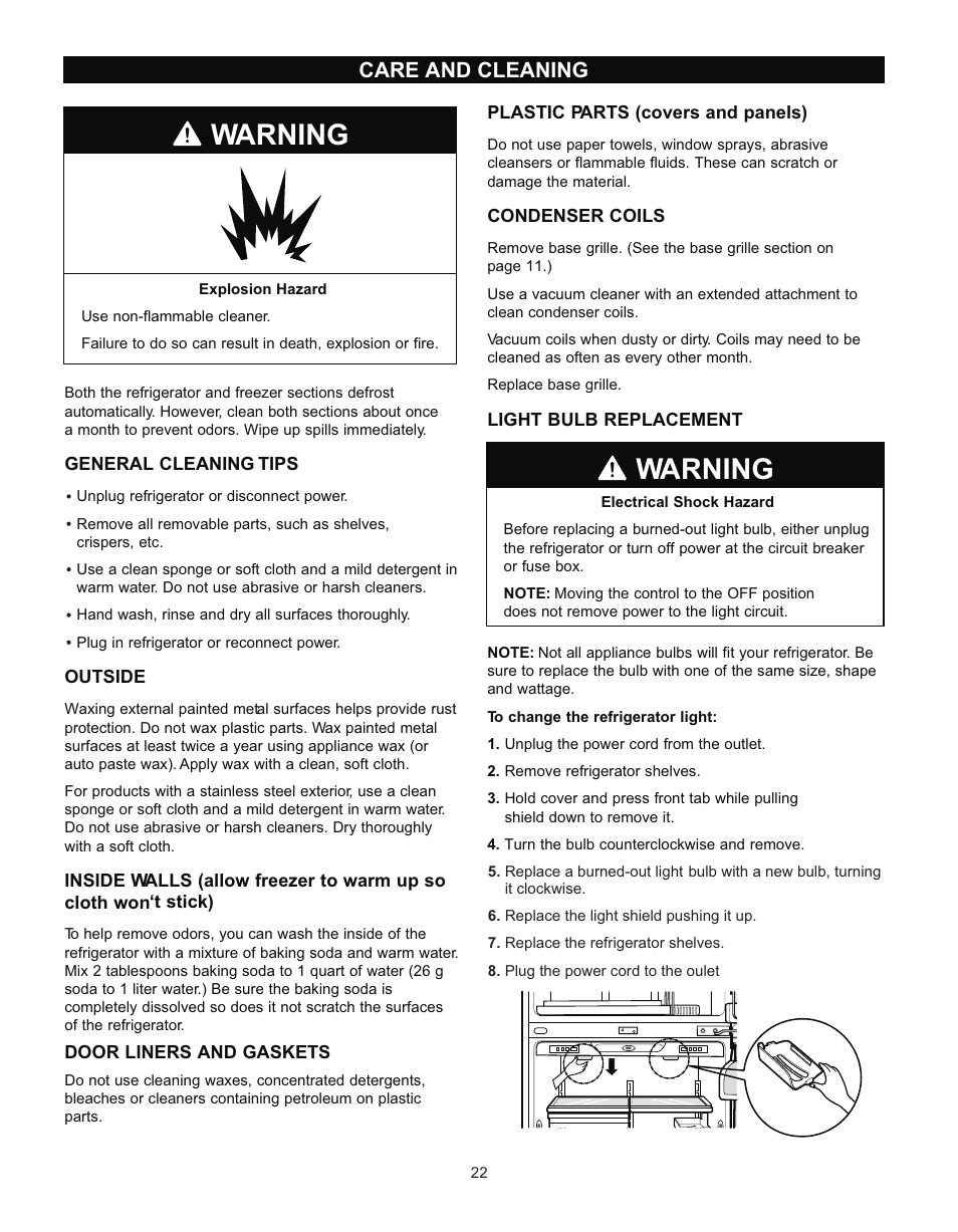 Warning, Care and cleaning | LG LRT 1933 User Manual | Page 22 / 33