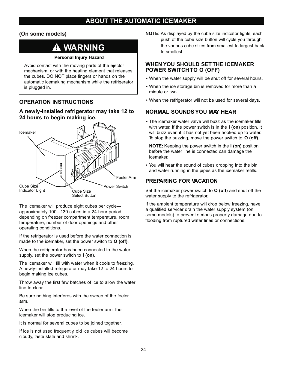 Warning, About the automatic icemaker | LG LRT 1933 User Manual | Page 24 / 33