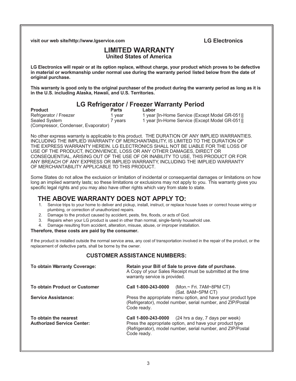 Limited warranty, Lg refrigerator / freezer warranty period, The above warranty does not apply to | LG LRT 1933 User Manual | Page 3 / 33