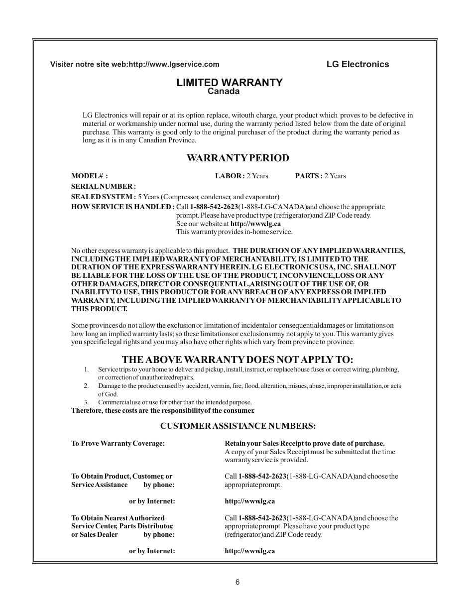 Warranty period, The above warranty does not apply to, Limited warranty | LG LRT 1933 User Manual | Page 6 / 33