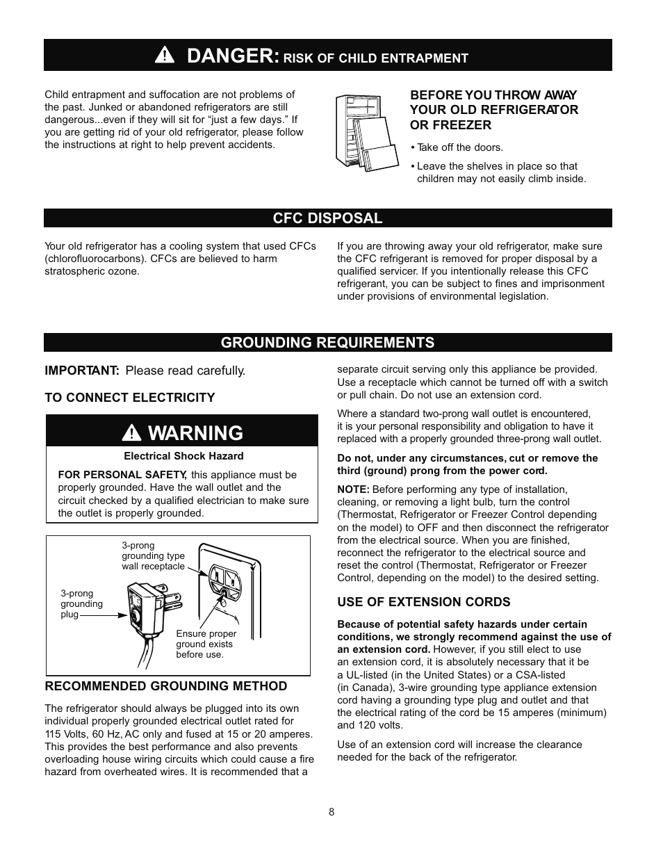 Warning, Danger, Cfc disposal grounding requirements | LG LRT 1933 User Manual | Page 8 / 33