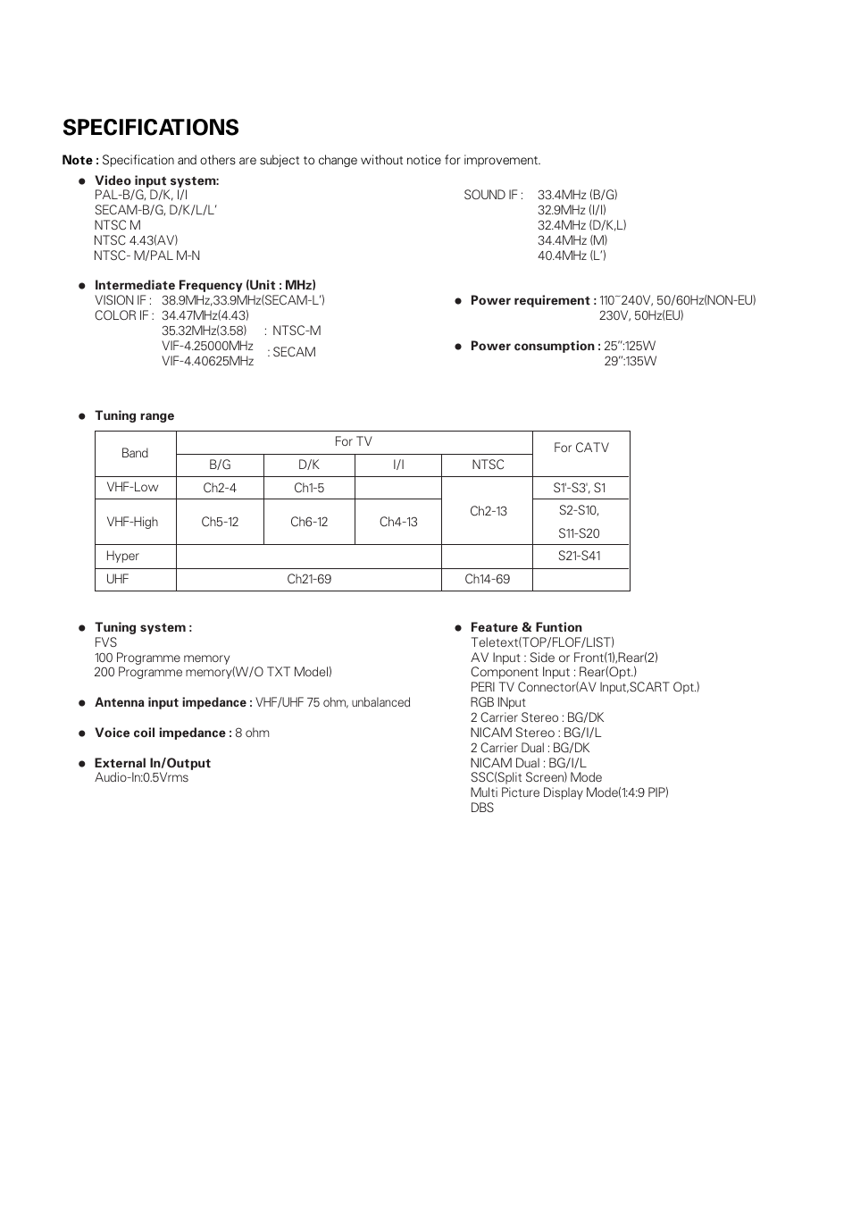 Specifications | LG CT-25/29M60VE/VQ User Manual | Page 4 / 33