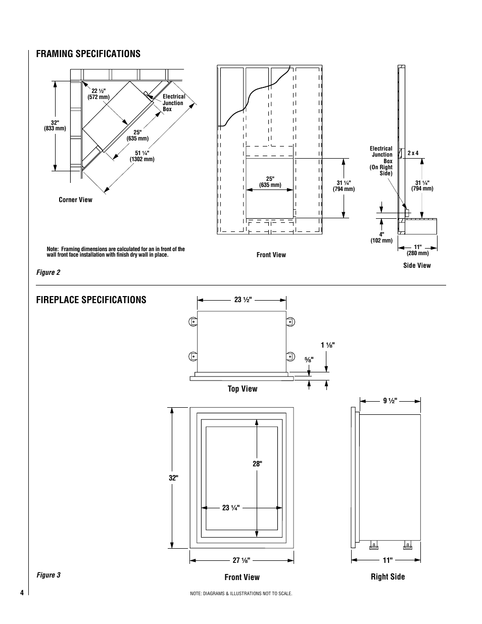 Framing specifications, Fireplace specifications, Front view right side | Top view | LG MPE-27 User Manual | Page 4 / 12