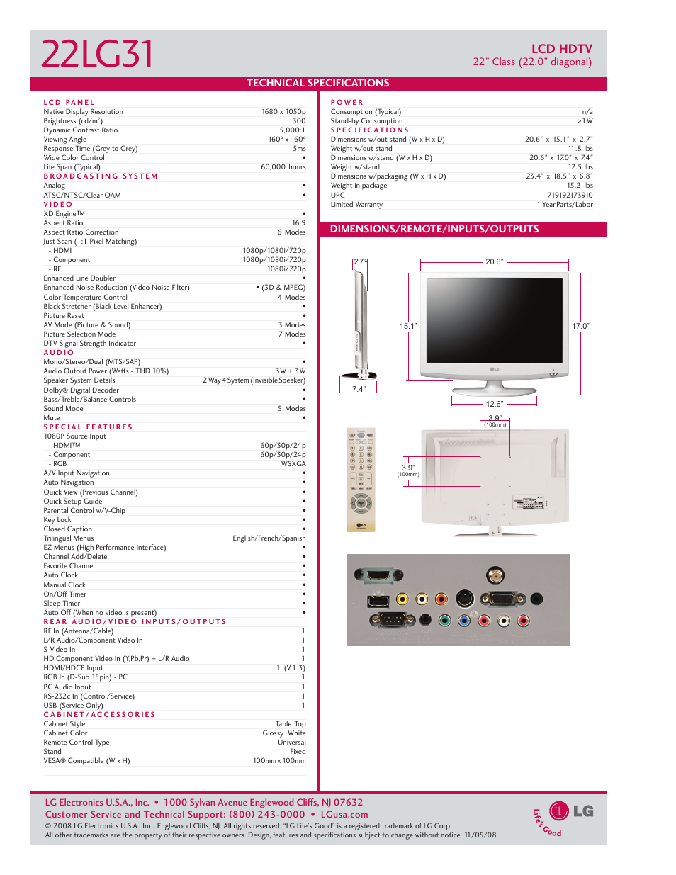 22lg31, Lcd hdtv | LG 2231 User Manual | Page 2 / 2