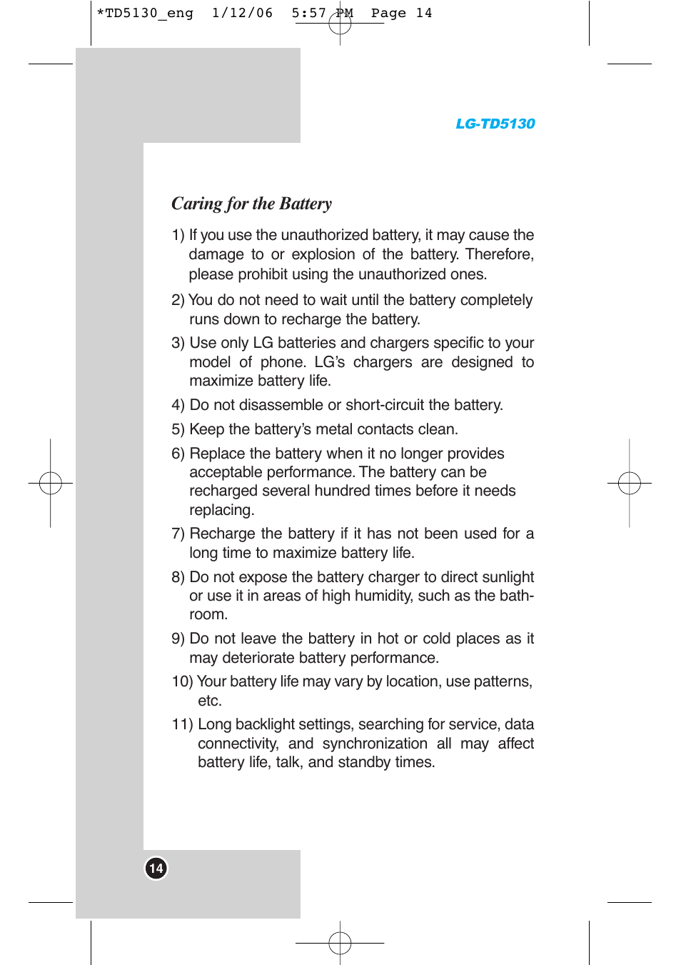 Caring for the battery | LG -TD5130 User Manual | Page 15 / 92