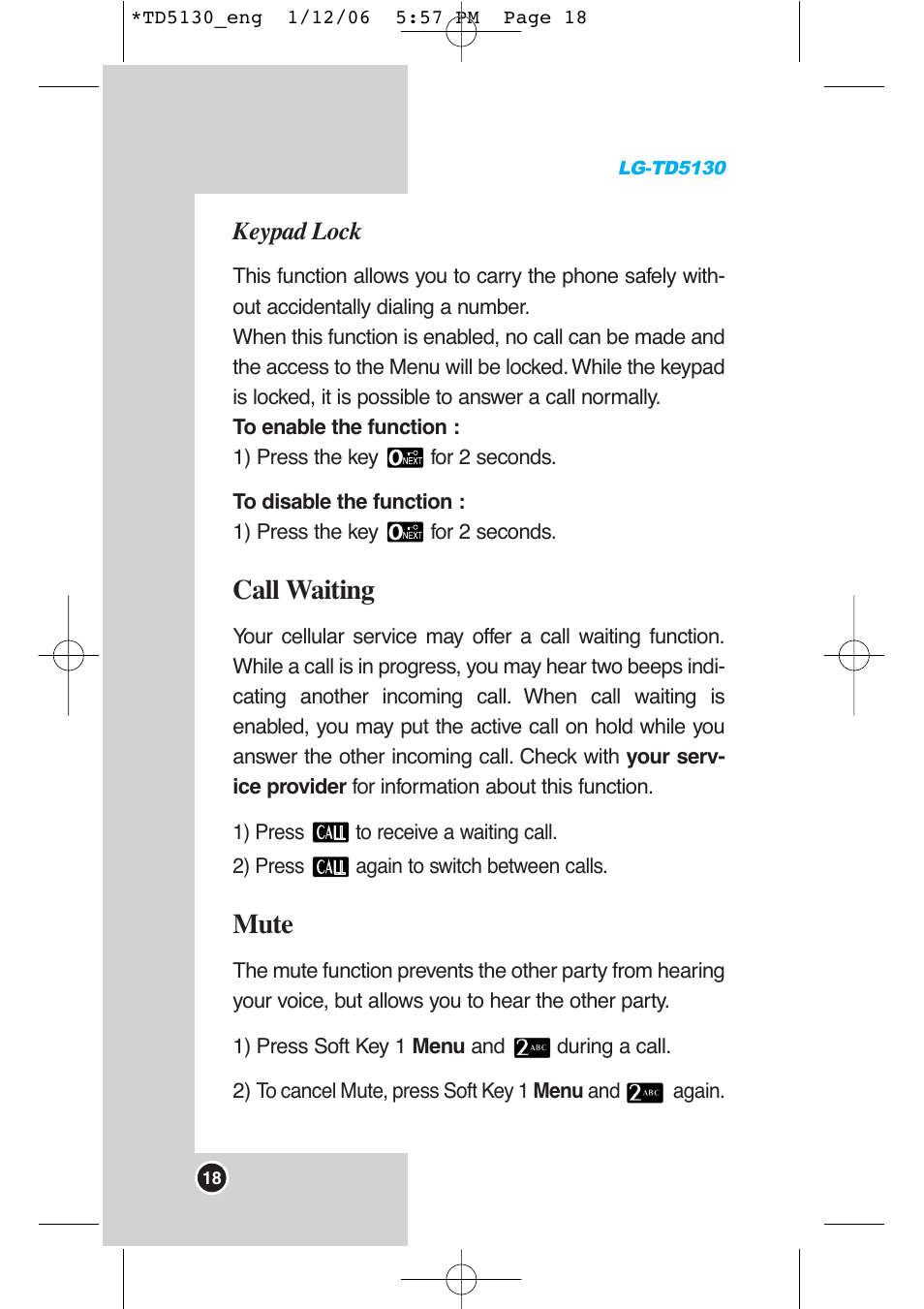 Call waiting, Mute, Keypad lock | LG -TD5130 User Manual | Page 19 / 92