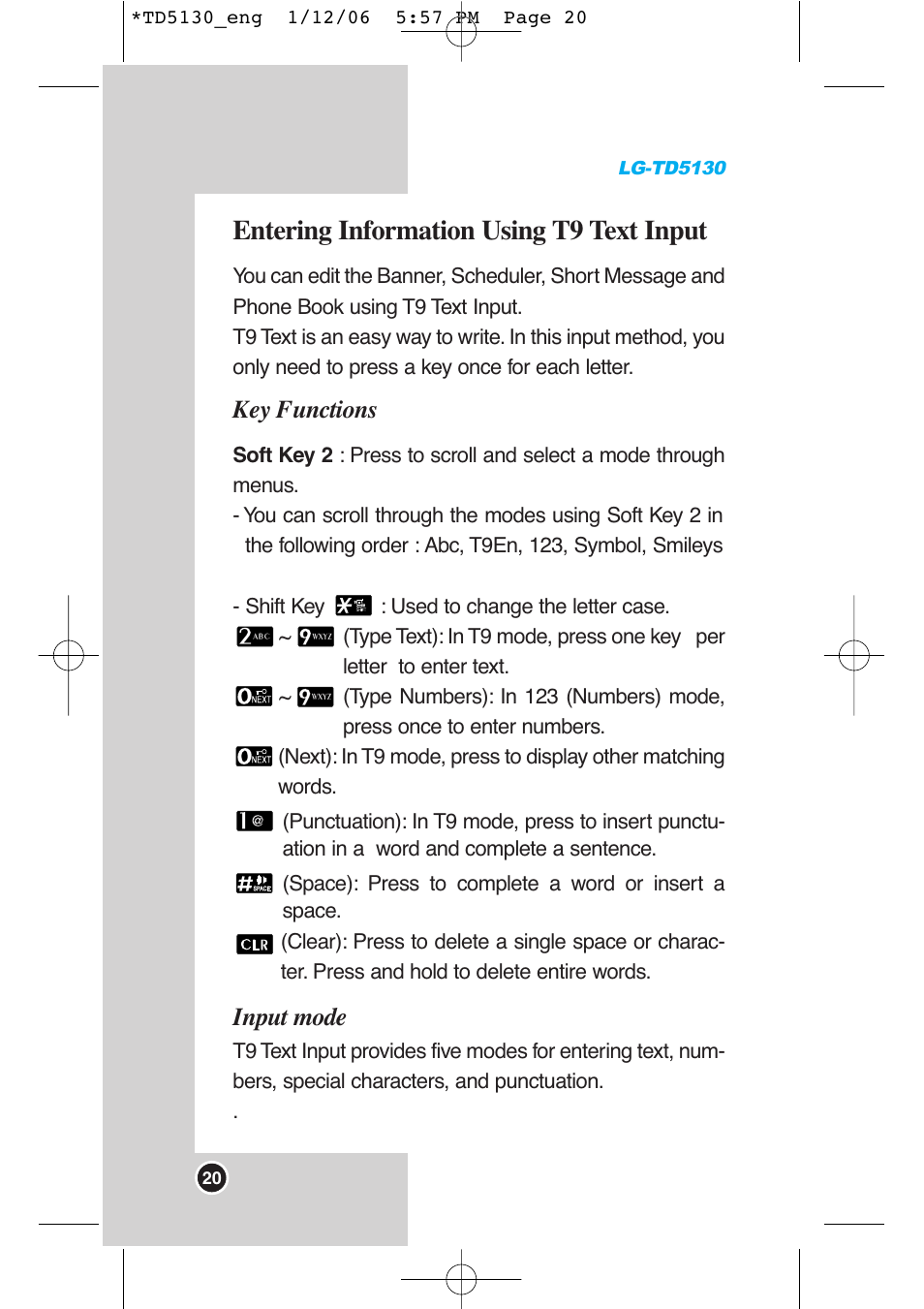 Entering information using t9 text input, Key functions, Input mode | LG -TD5130 User Manual | Page 21 / 92