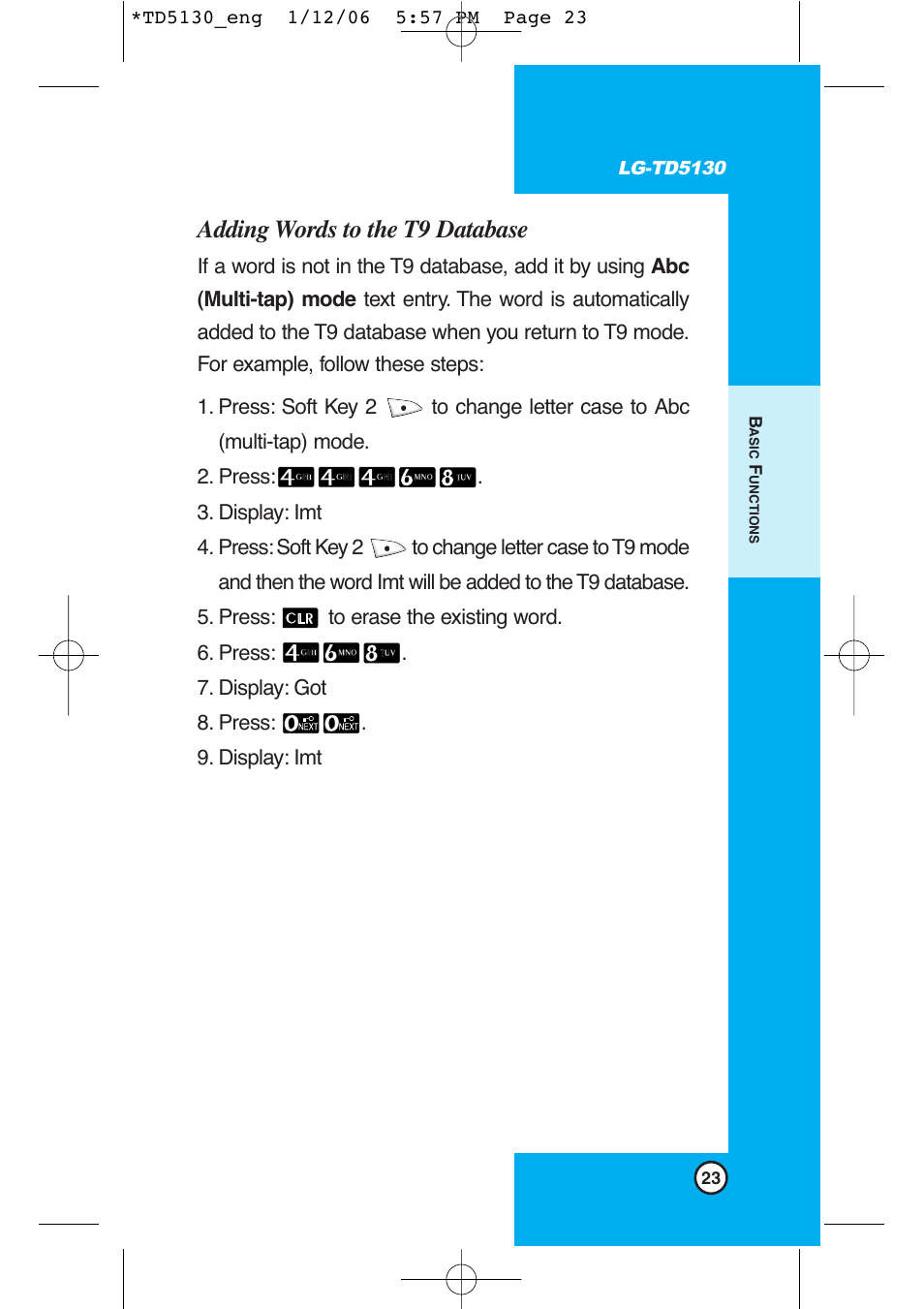 Adding words to the t9 database | LG -TD5130 User Manual | Page 24 / 92