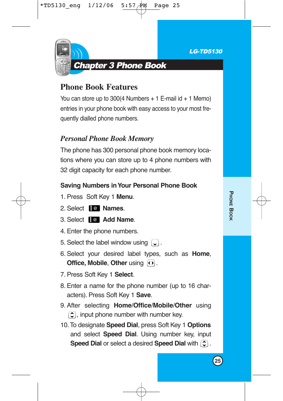 Chapter 3 phone book, Phone book features | LG -TD5130 User Manual | Page 26 / 92