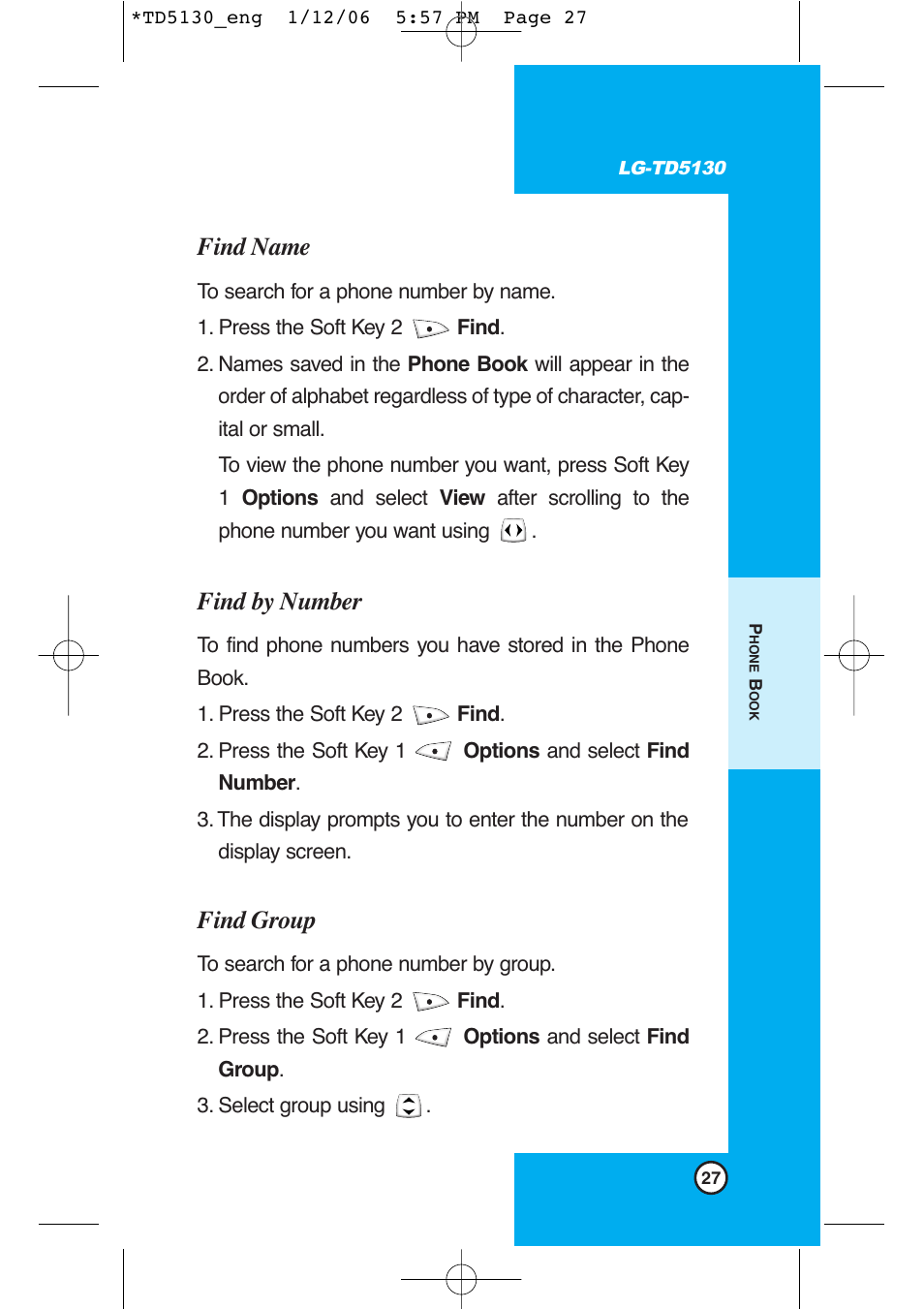 Find name, Find by number, Find group | LG -TD5130 User Manual | Page 28 / 92