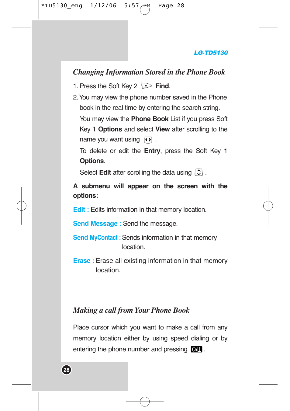 Changing information stored in the phone book, Making a call from your phone book | LG -TD5130 User Manual | Page 29 / 92