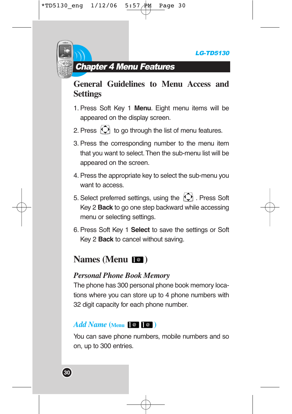 Cco on ntte en ntts s, Names (menu ), General guidelines to menu access and settings | Chapter 4 menu features | LG -TD5130 User Manual | Page 31 / 92