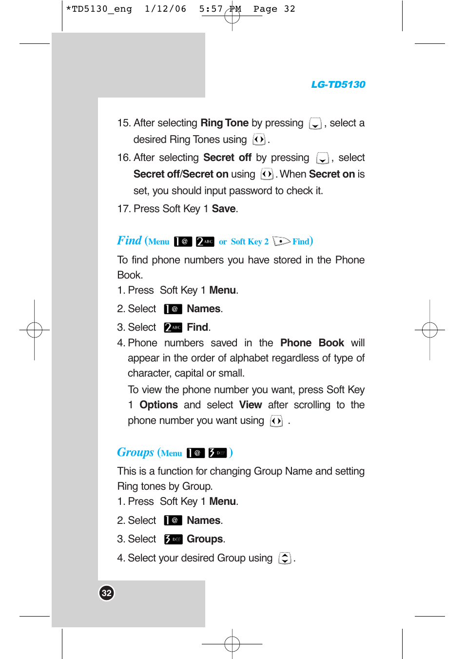 Find, Groups | LG -TD5130 User Manual | Page 33 / 92