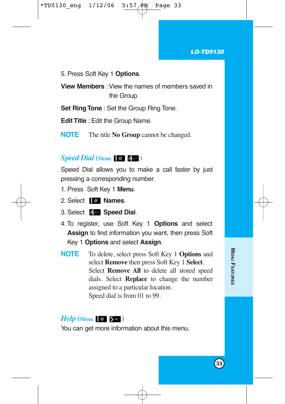 Speed dial, Help | LG -TD5130 User Manual | Page 34 / 92
