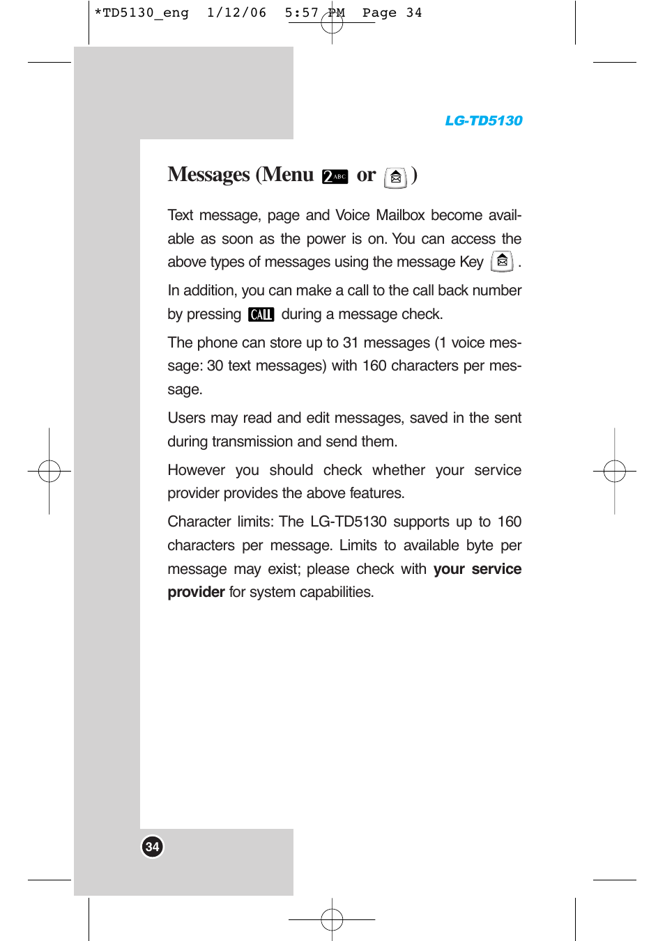 Messages (menu or ) | LG -TD5130 User Manual | Page 35 / 92