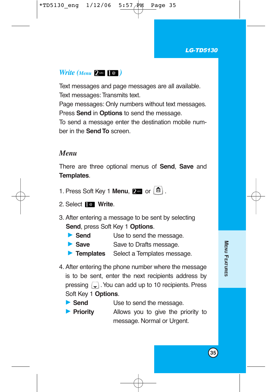 Write, Menu | LG -TD5130 User Manual | Page 36 / 92