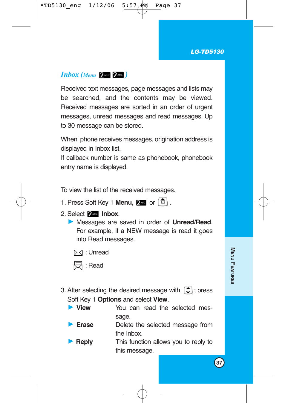 Inbox | LG -TD5130 User Manual | Page 38 / 92