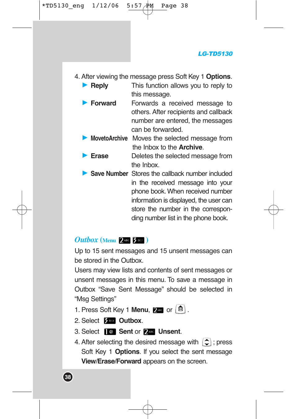 Outbox | LG -TD5130 User Manual | Page 39 / 92