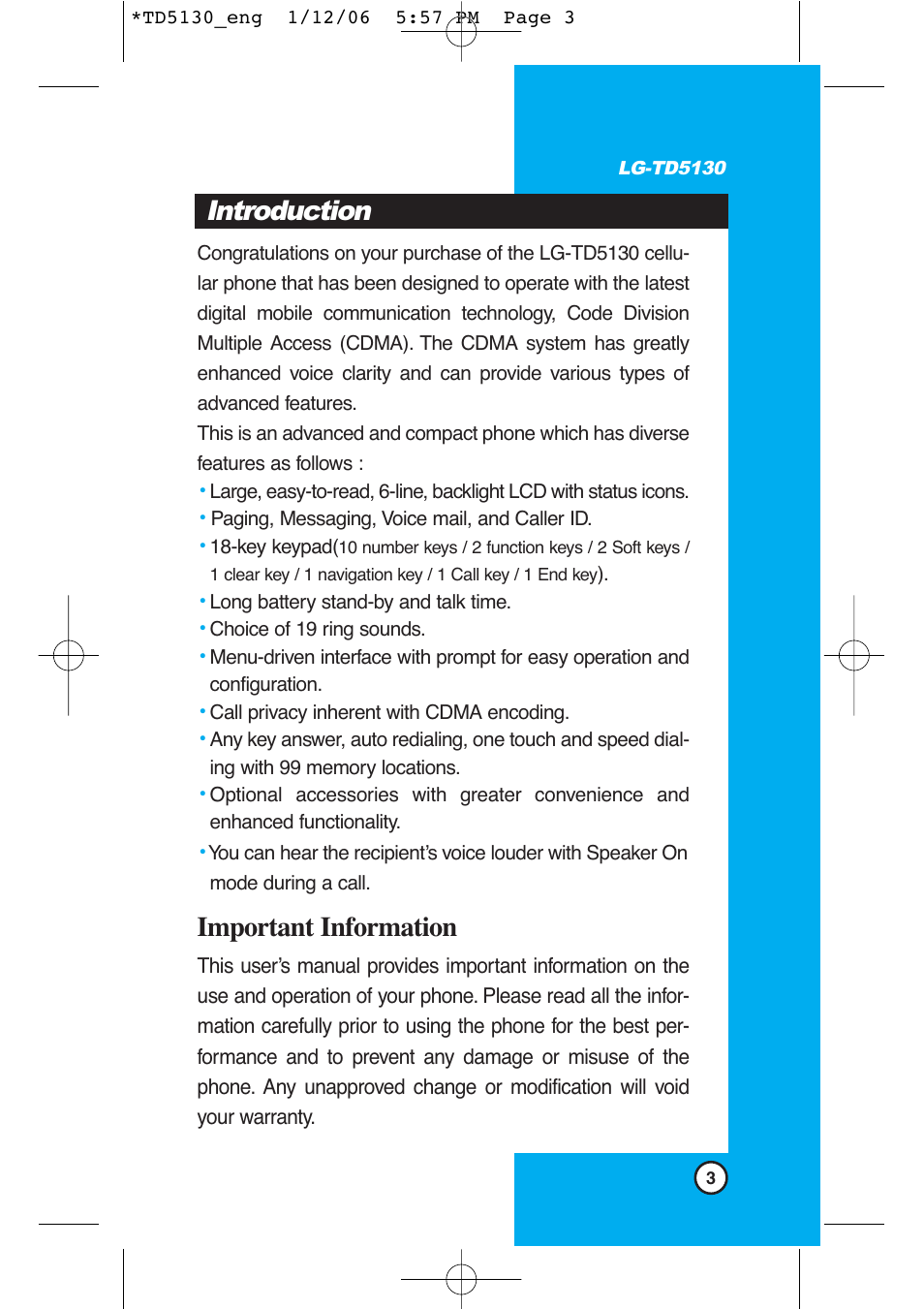 Introduction, Important information | LG -TD5130 User Manual | Page 4 / 92