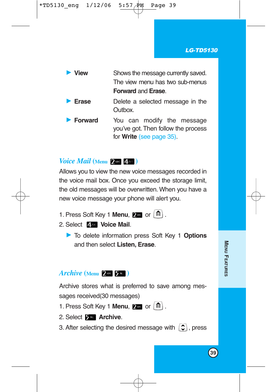 Voice mail, Archive | LG -TD5130 User Manual | Page 40 / 92