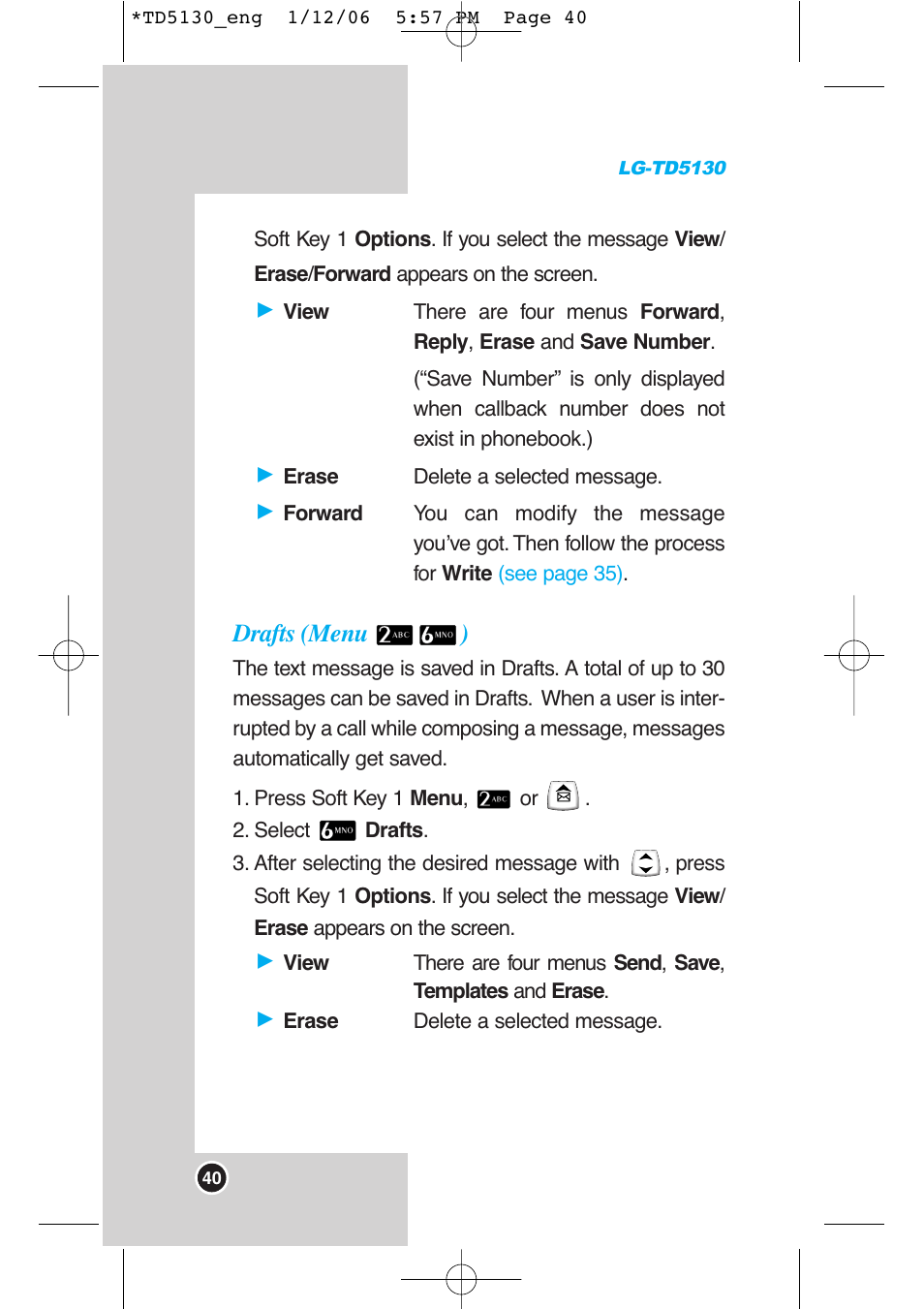 Drafts (menu ) | LG -TD5130 User Manual | Page 41 / 92