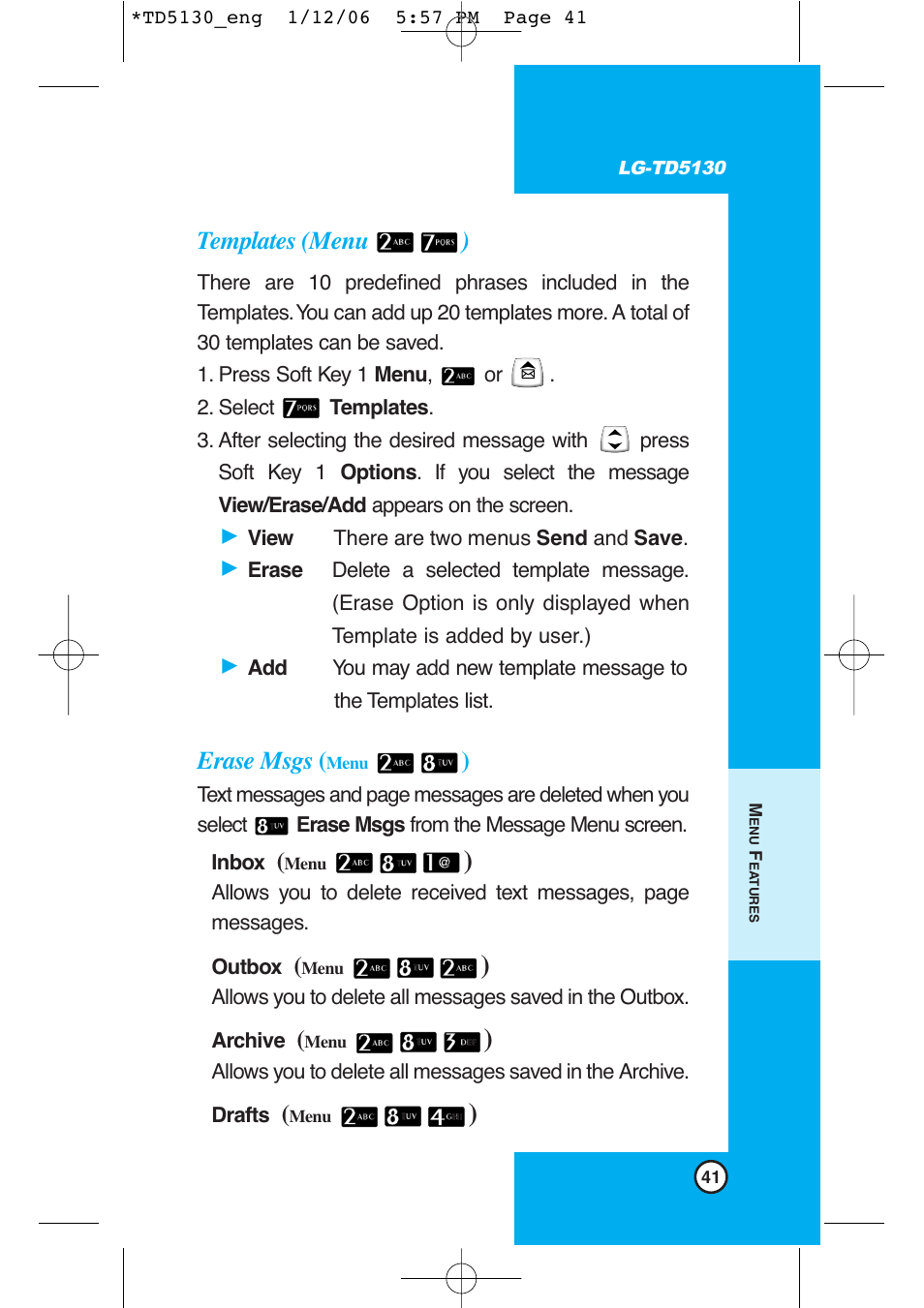 Templates (menu ), Erase msgs | LG -TD5130 User Manual | Page 42 / 92