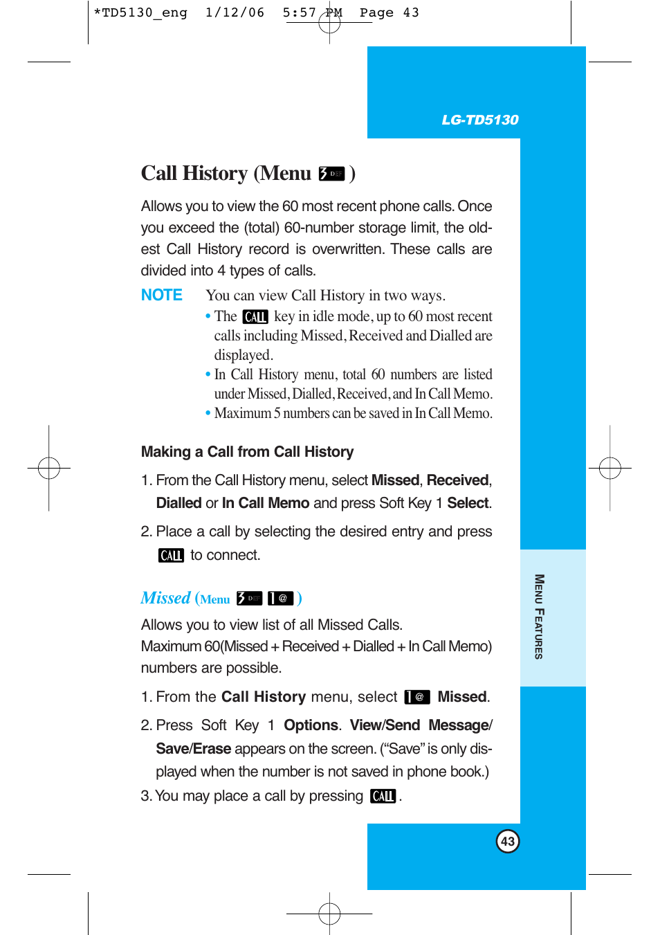 Call history (menu ), Missed | LG -TD5130 User Manual | Page 44 / 92