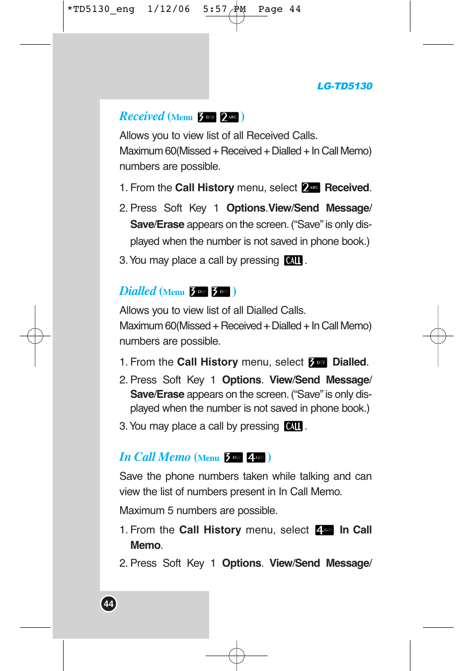 Received, Dialled | LG -TD5130 User Manual | Page 45 / 92