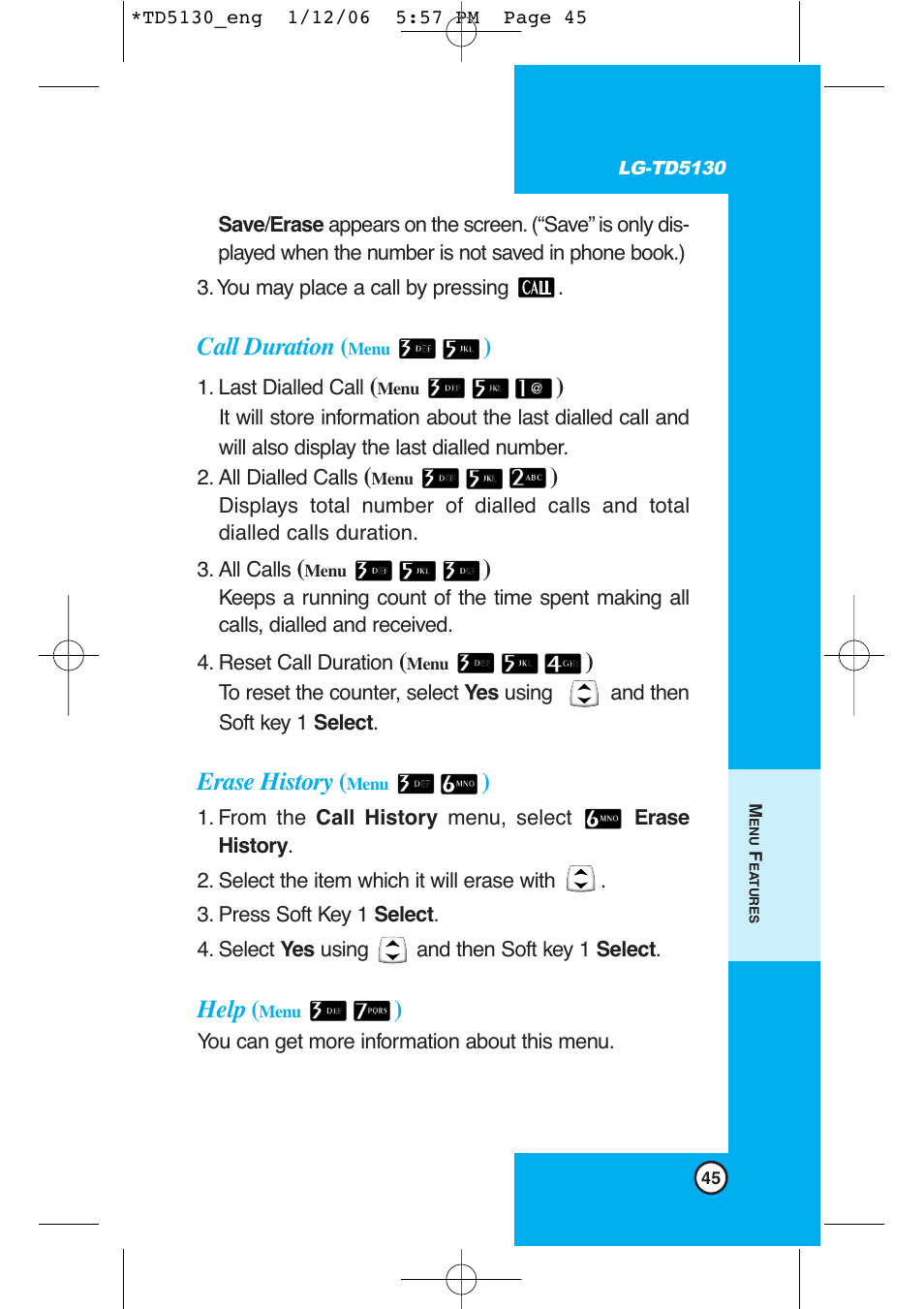 Call duration, Erase history, Help | LG -TD5130 User Manual | Page 46 / 92