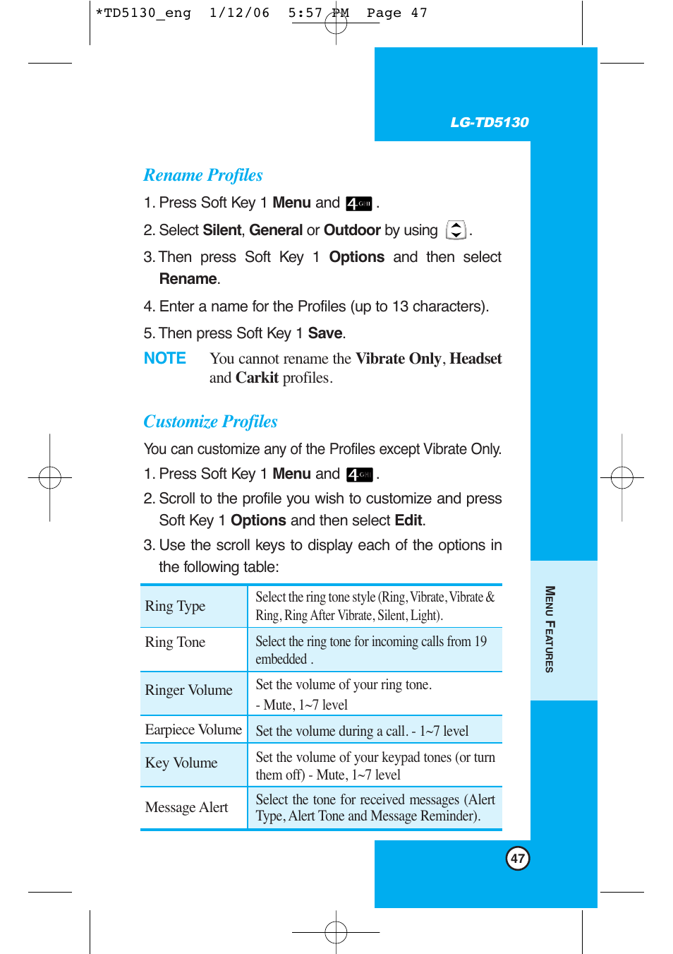 Rename profiles, Customize profiles | LG -TD5130 User Manual | Page 48 / 92