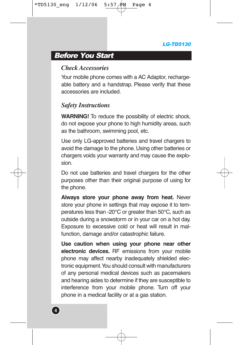 Before you start | LG -TD5130 User Manual | Page 5 / 92