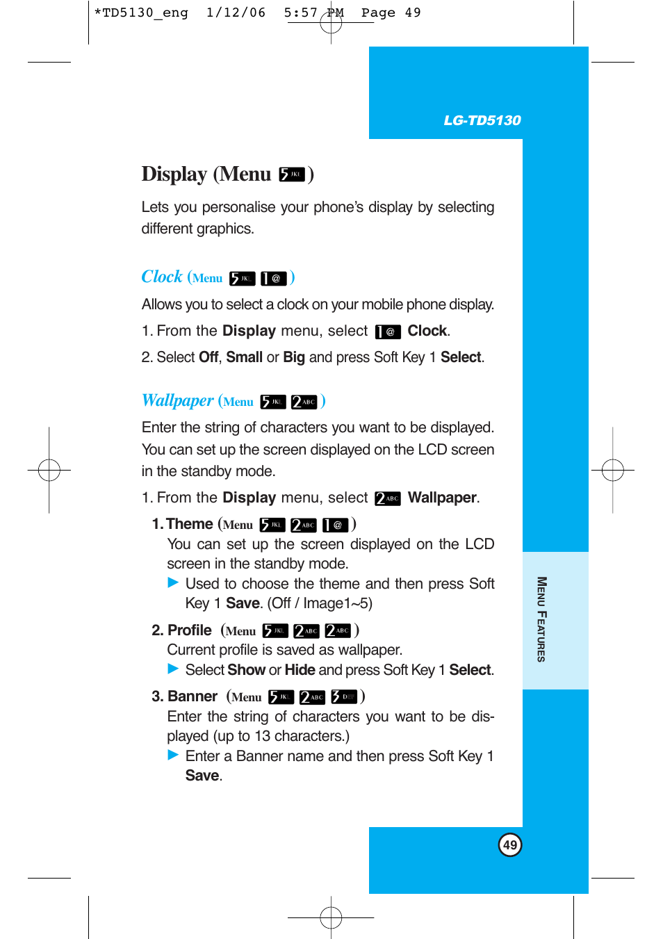 Display (menu ), Clock, Wallpaper | LG -TD5130 User Manual | Page 50 / 92