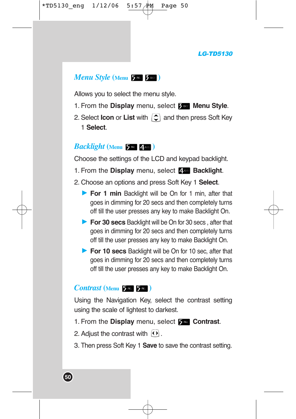 Menu style, Backlight, Contrast | LG -TD5130 User Manual | Page 51 / 92