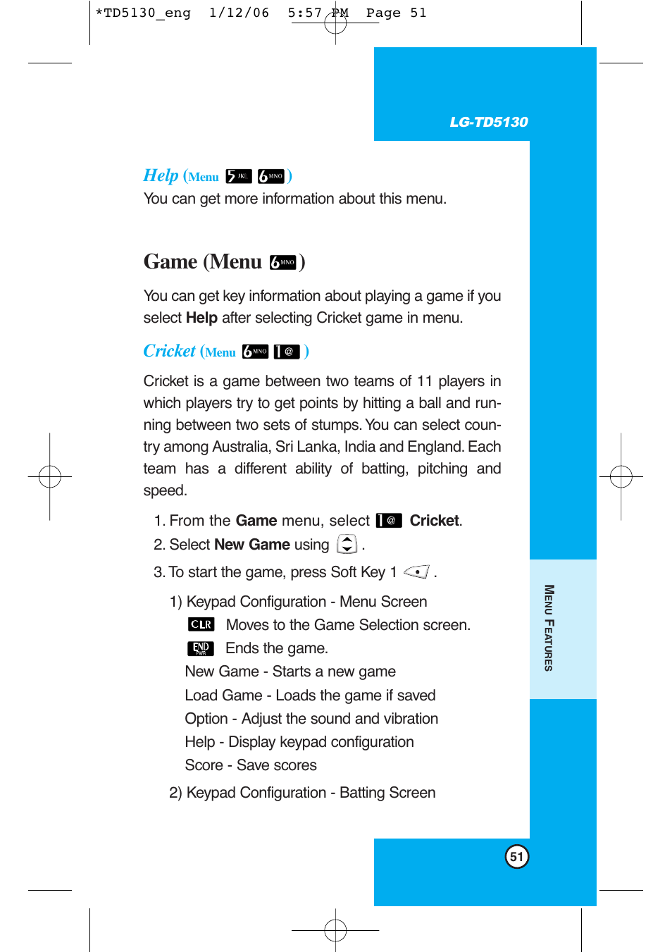 Game (menu ), Help, Cricket | LG -TD5130 User Manual | Page 52 / 92