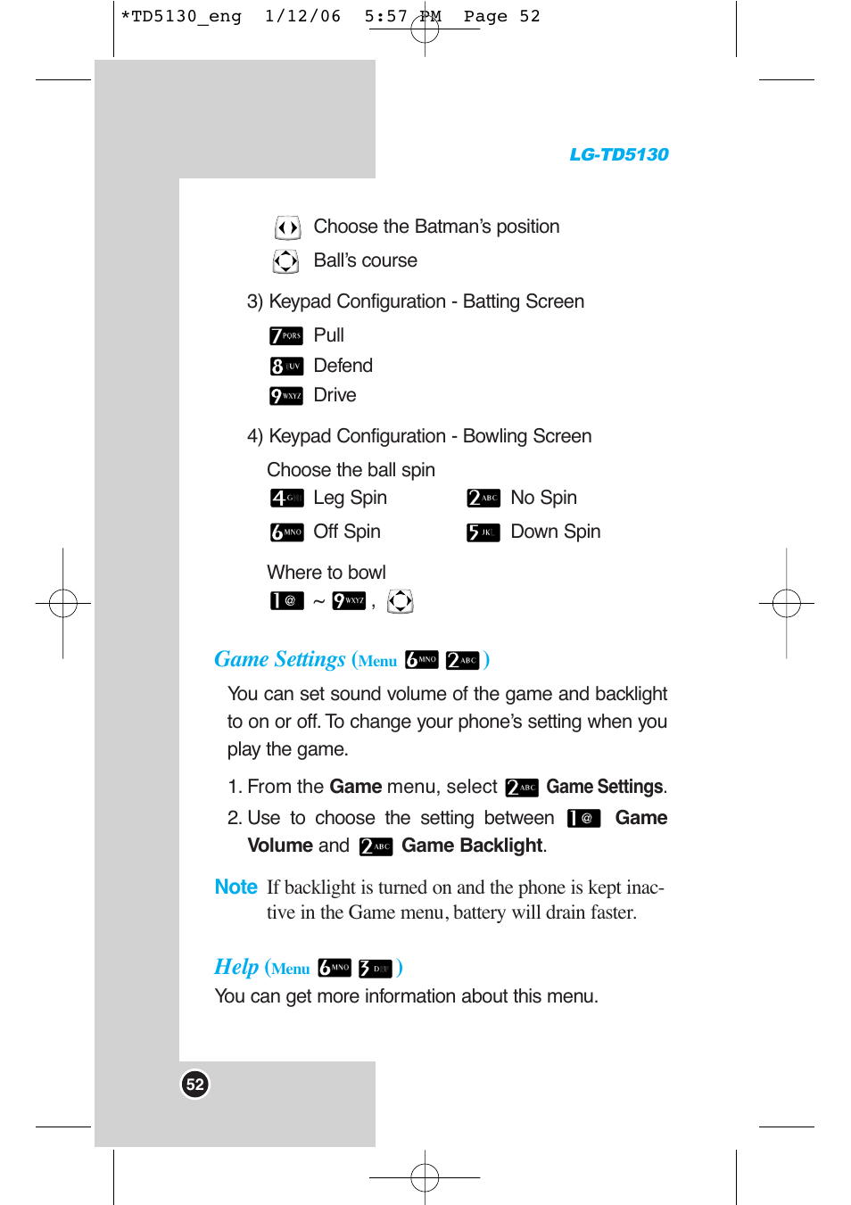 Game settings, Help | LG -TD5130 User Manual | Page 53 / 92