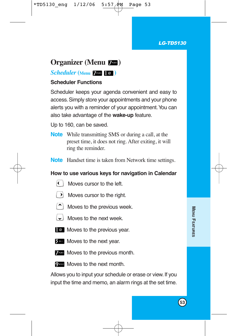 Organizer (menu ), Scheduler | LG -TD5130 User Manual | Page 54 / 92