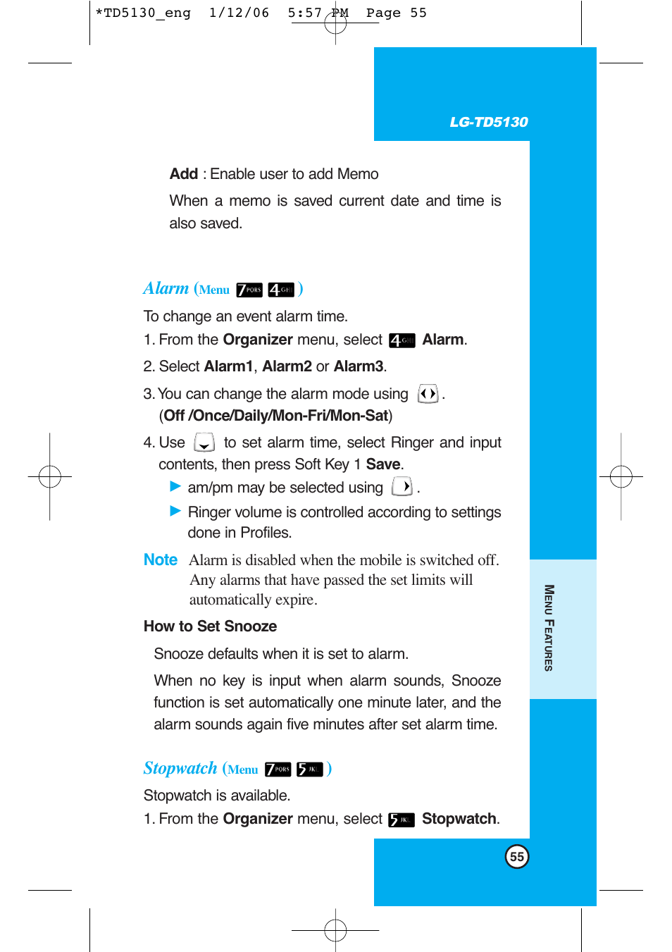 Alarm, Stopwatch | LG -TD5130 User Manual | Page 56 / 92