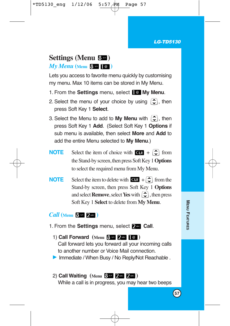 Settings (menu ) | LG -TD5130 User Manual | Page 58 / 92