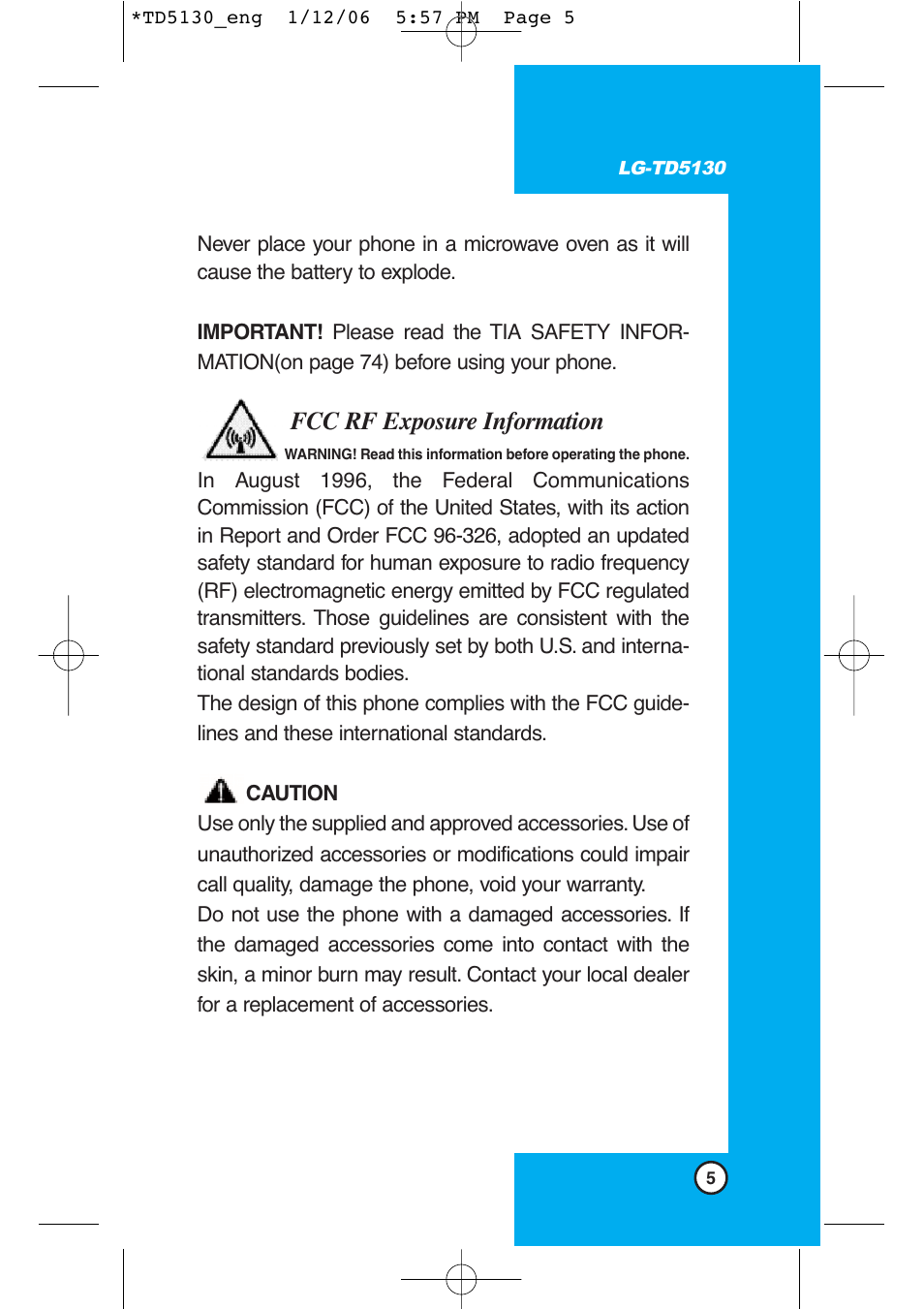 Fcc rf exposure information | LG -TD5130 User Manual | Page 6 / 92