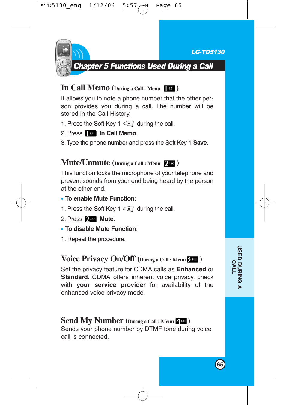 Mute/unmute, Voice privacy on/off, Send my number | LG -TD5130 User Manual | Page 66 / 92