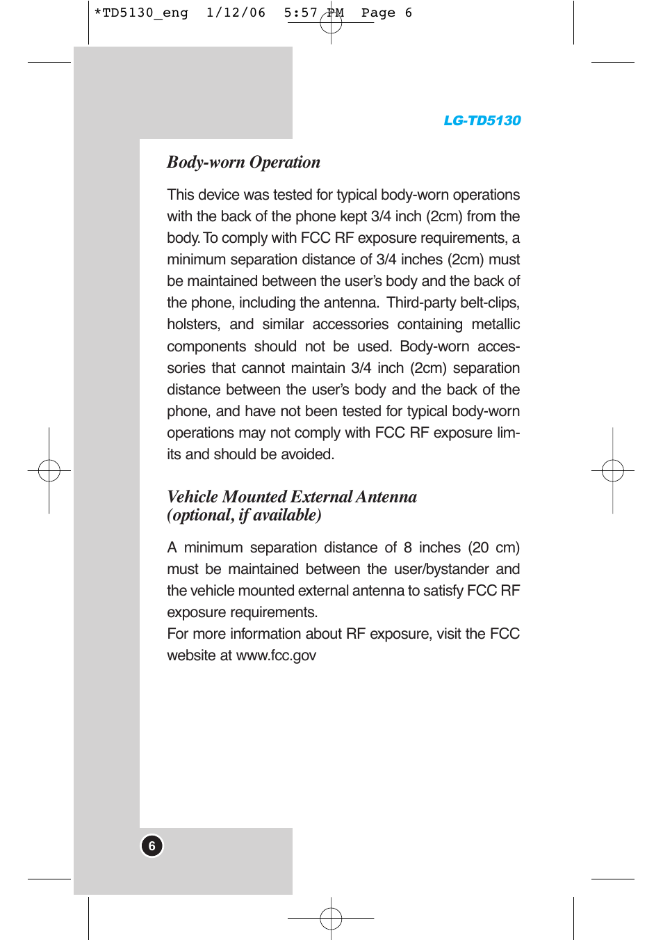 Body-worn operation | LG -TD5130 User Manual | Page 7 / 92